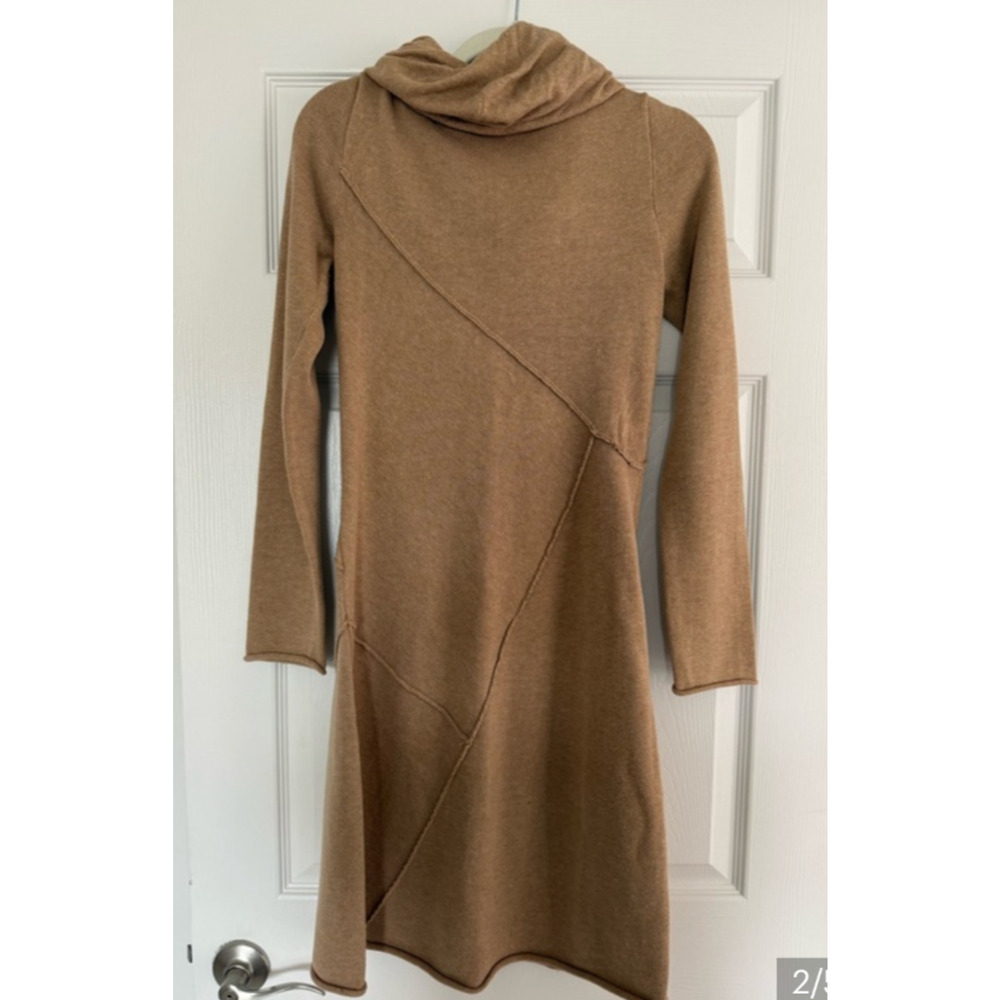Athleta Sweater Dress Women L British Tan Cowl Neck Asymmetrical Seam Knit Cozy - Picture 4 of 8